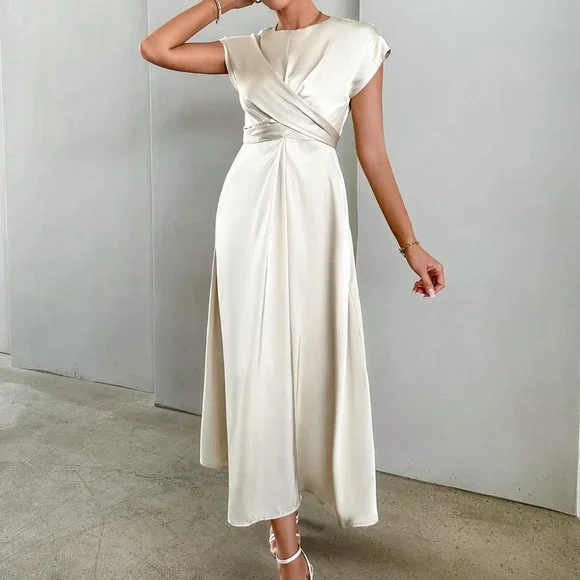 Apricot Casual Womens Solid Criss Cross Front Satin A-line Dress - Picture 3 of 5